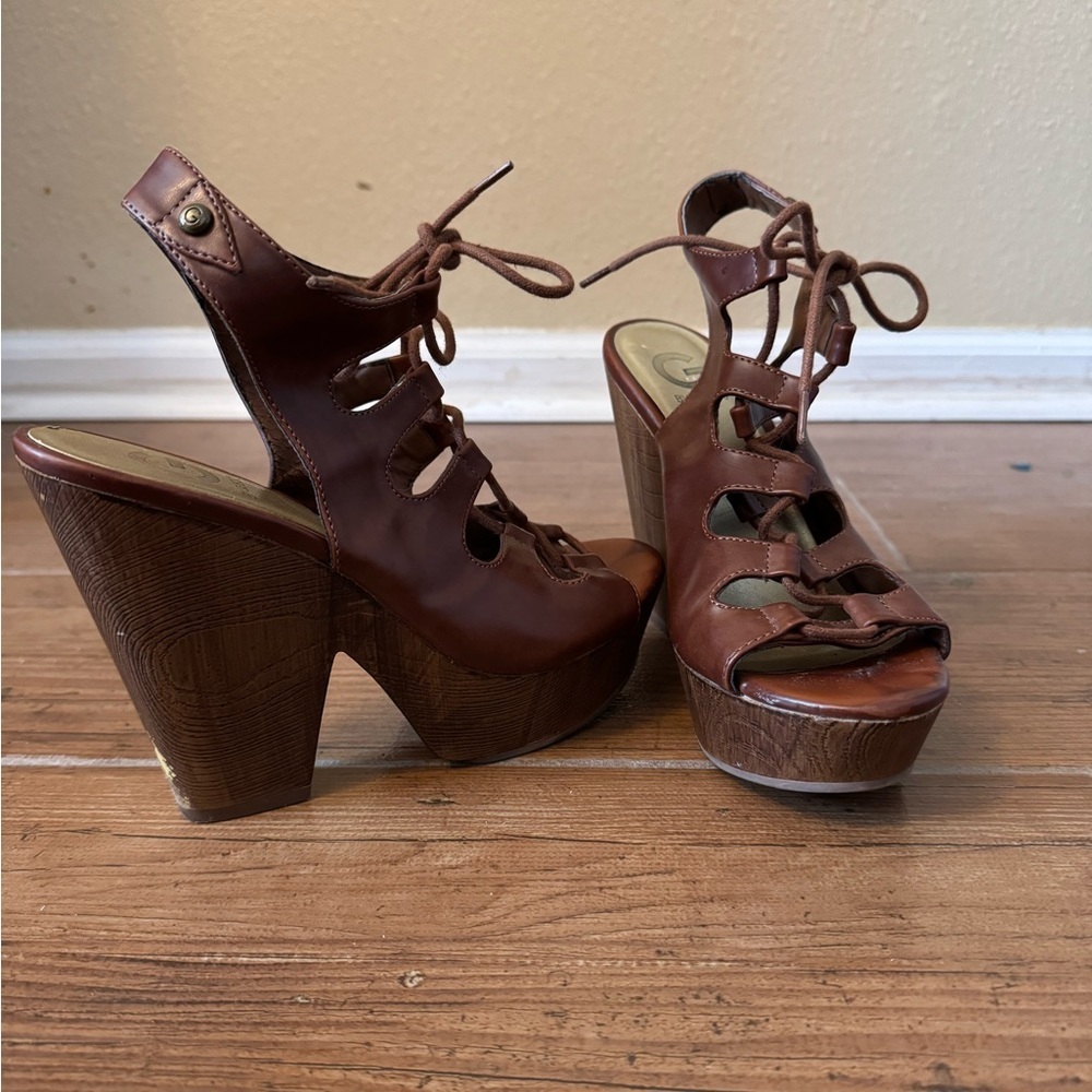 G by Guess Brown Lace-Up Platform Heels (Size 8M)